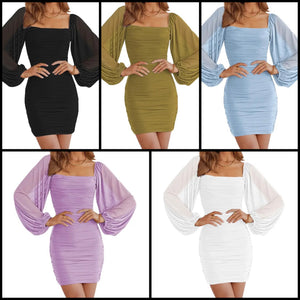 Women Sexy Solid Color Mesh Full Sleeve Ruched Dress