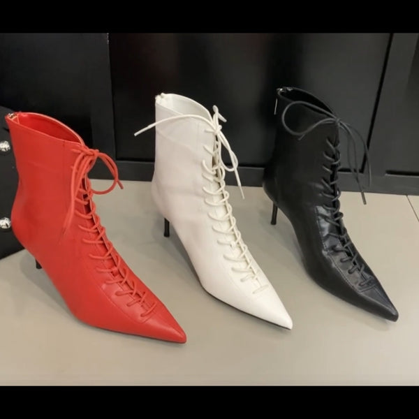 Women Fashion Pointed Toe Lace Up Ankle Boots