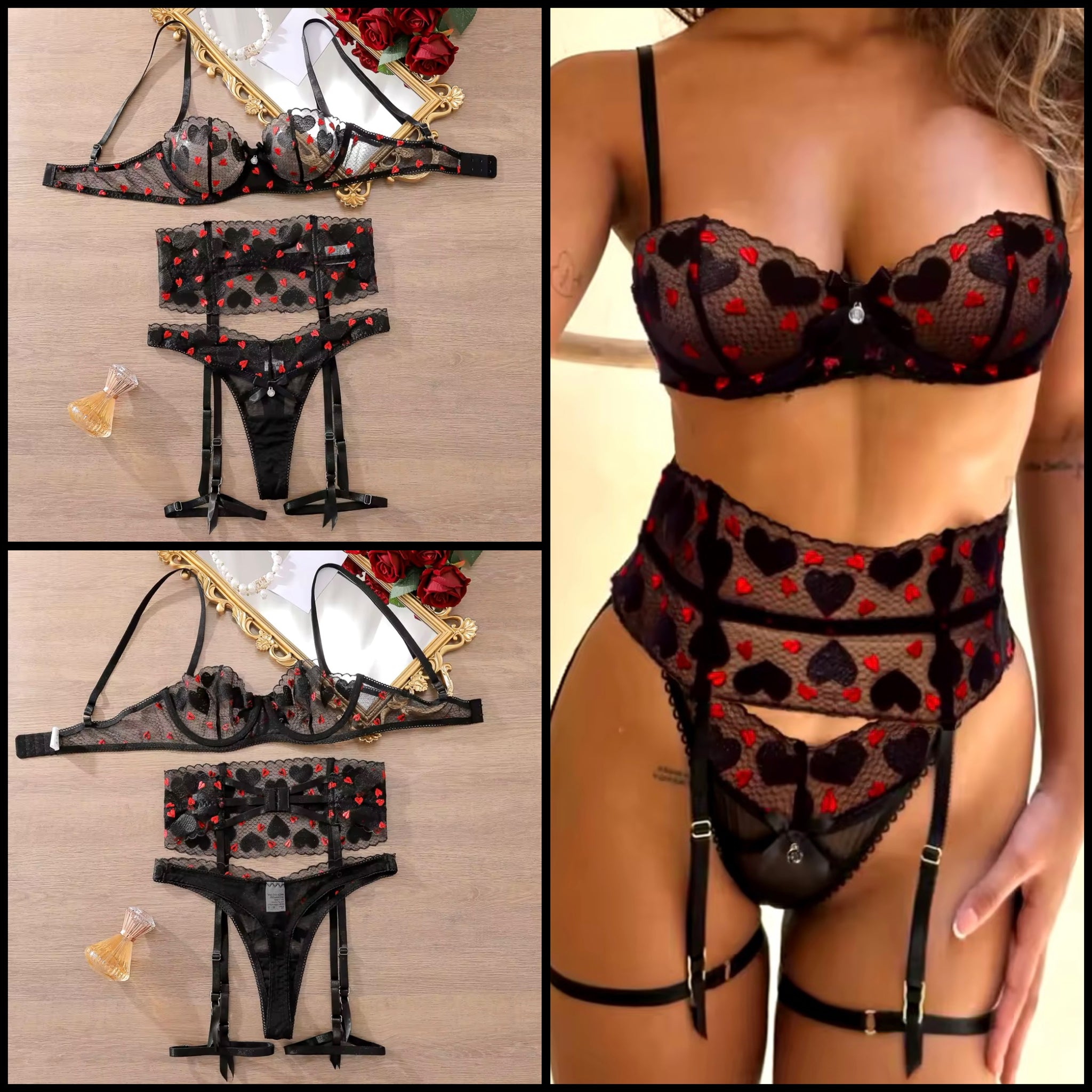 Women Sexy Heart Color Patchwork Mesh Lingerie Set