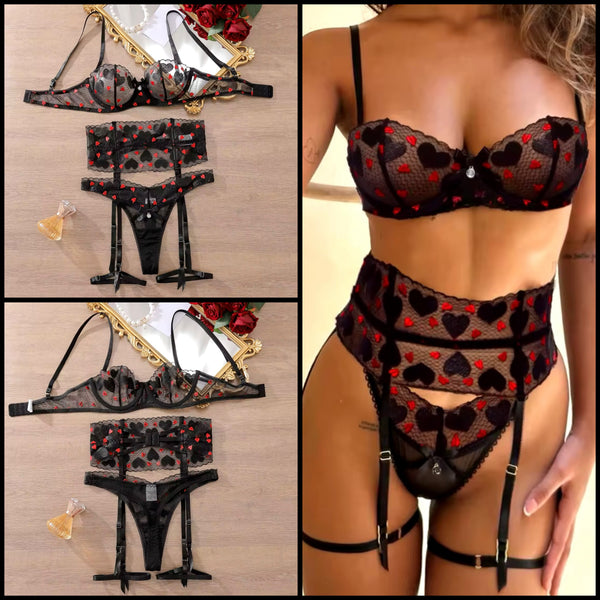 Women Sexy Heart Color Patchwork Mesh Lingerie Set