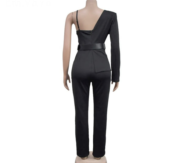 Women Sexy One Shoulder Full Sleeve Mesh Patchwork Blazer Jumpsuit