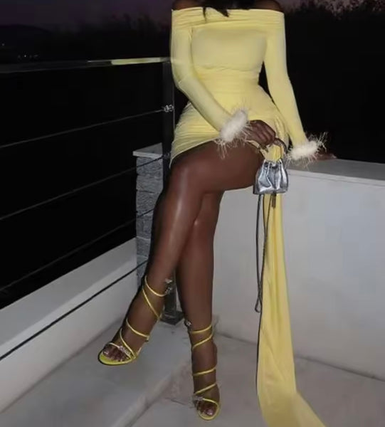 Women Sexy Yellow Feather Full Sleeve Ruched Dress