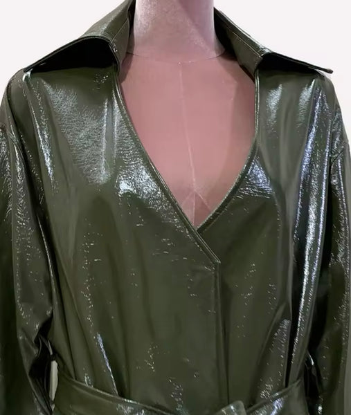 Women Fashion Green Faux Leather Belted Trench Jacket