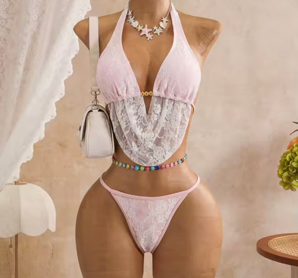 Women Sexy Tie Up Halter Lace Bikini Cover Up Set