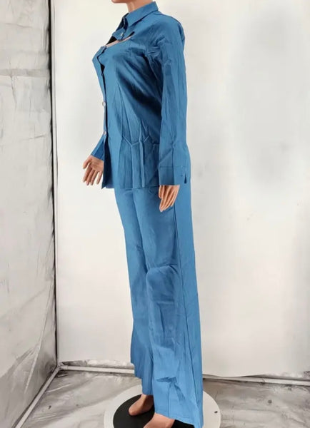 Women Fashion Button Up Full Sleeve Denim Two Piece Pant Set
