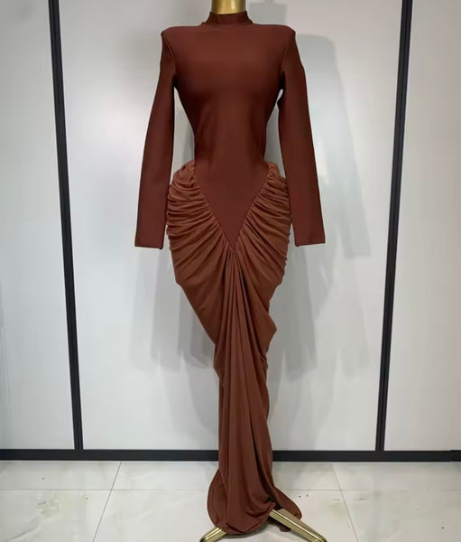 Women Sexy Solid Color Ruched Full Sleeve Maxi Dress
