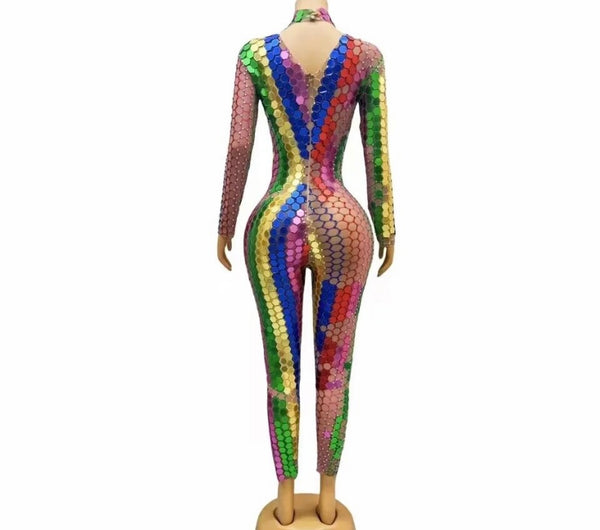 Women Sexy Fashion Multicolored Mirror Full Sleeve Mesh Jumpsuit