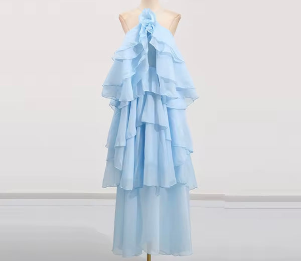 Women Sexy Halter Sleeveless Ruffled Color Maxi Dress
