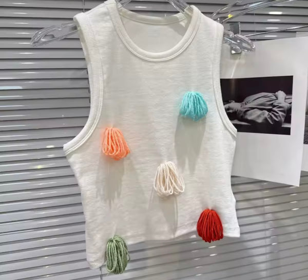 Women Fashion White Sleeveless Colorful Knit Fringe Tank Top