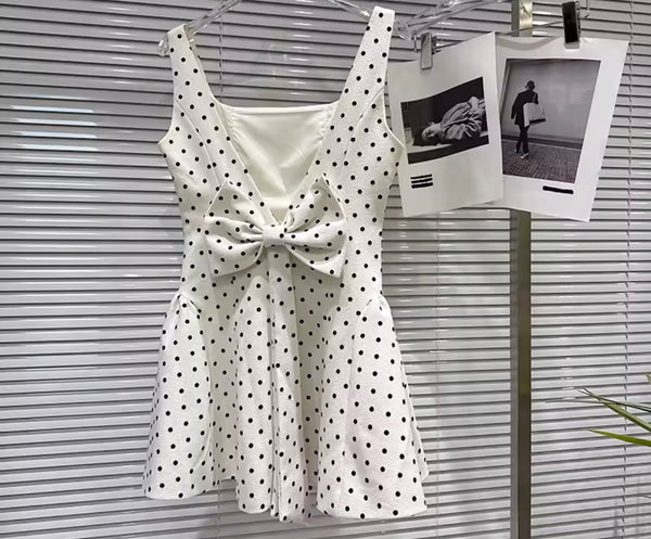 Women Sleeveless Bow Polka Dot Dress