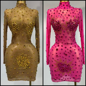 Women Sexy Bling Crystal Mesh Full Sleeve Dress