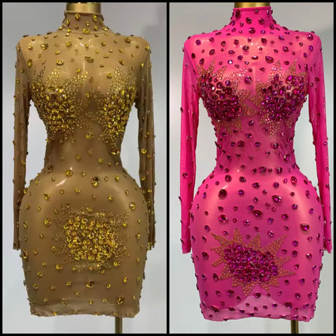 Women Sexy Bling Crystal Mesh Full Sleeve Dress