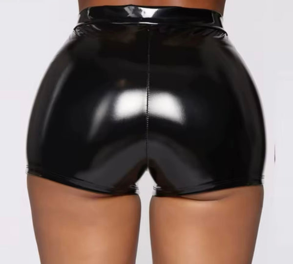 Women Fashion Color Patchwork Three Piece Faux Leather Short Set