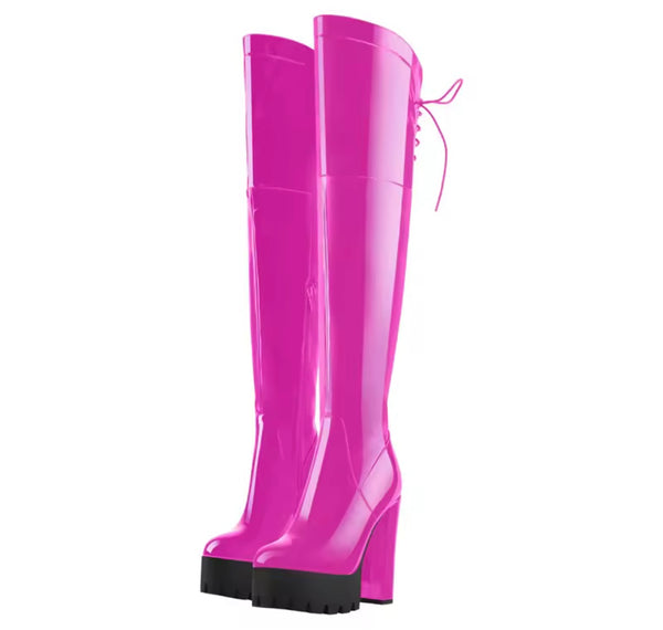 Women Fashion Pink Patent Leather Platform Knee High Boots