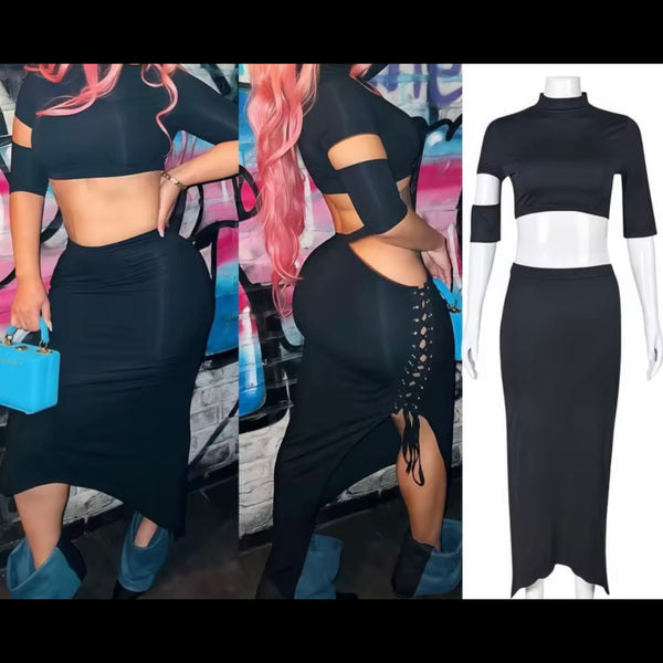 Women Black Sexy Short Sleeve Cut Out Lace Up Two Piece Skirt Set