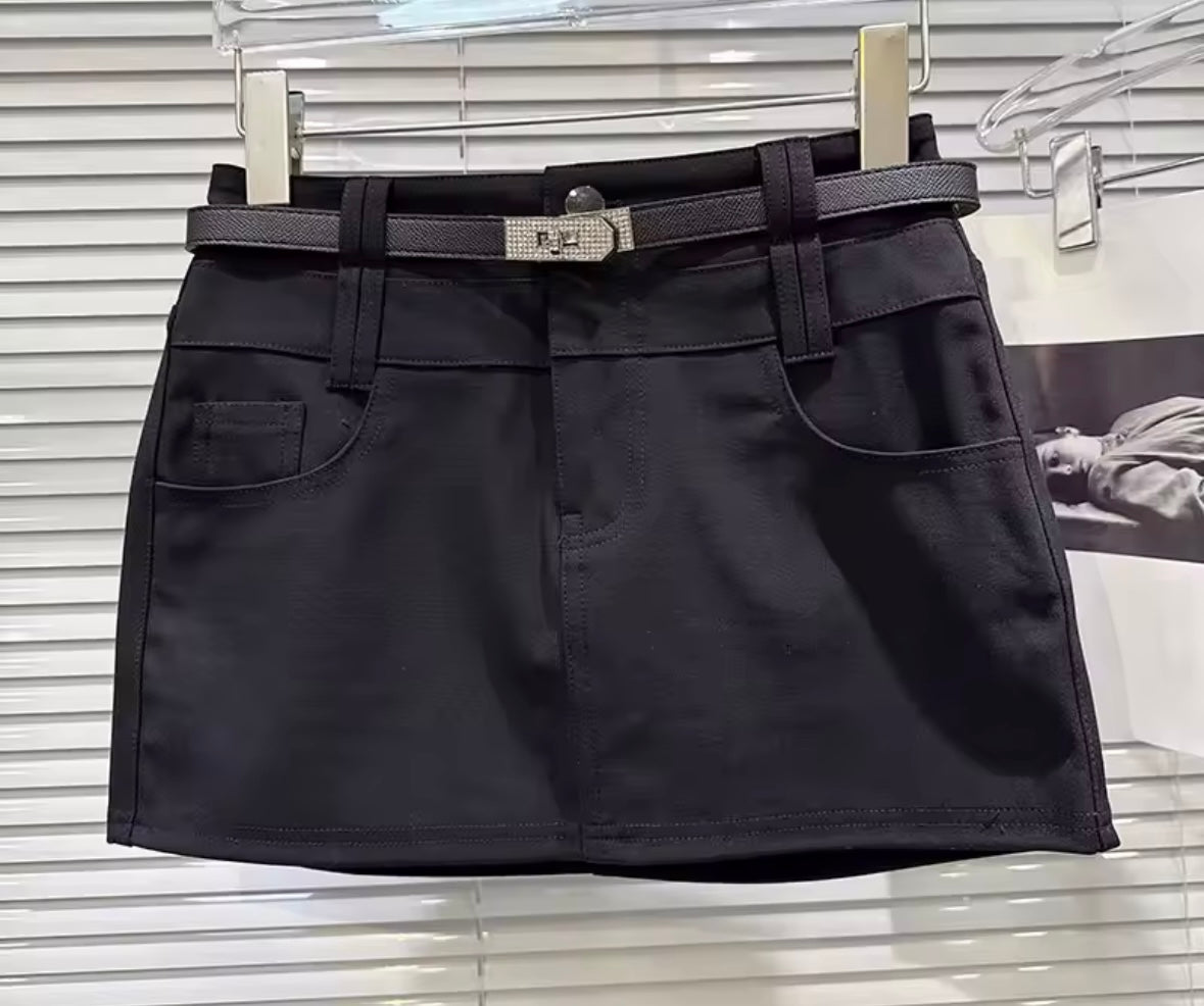 Women Color Fashion Rhinestone Belted Skirt