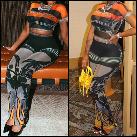 Women Sexy Multicolored Print Mesh Short Sleeve Two Piece Pant Set