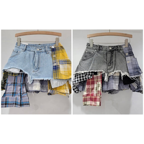 Women Fashion Colorful Plaid Patchwork Denim Skirt