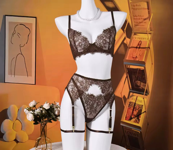 Women Sexy Brown Lace Lingerie Set