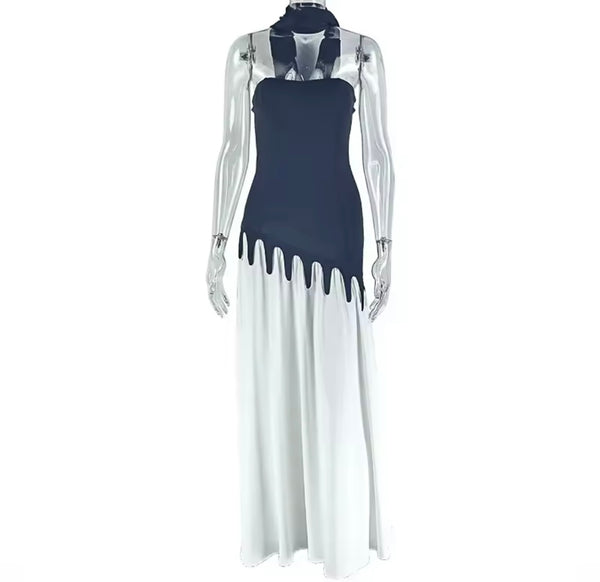 Women Sexy Sleeveless Scarf B&W Maxi Dress
