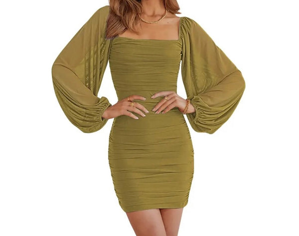 Women Sexy Solid Color Mesh Full Sleeve Ruched Dress