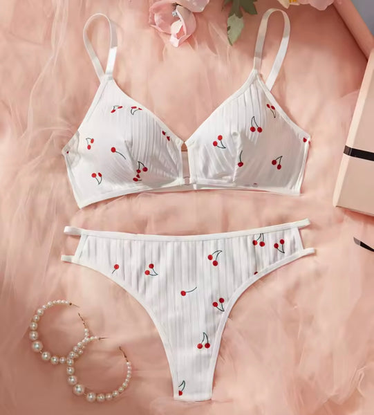 Women Sexy White Cherry Print Lingerie Set