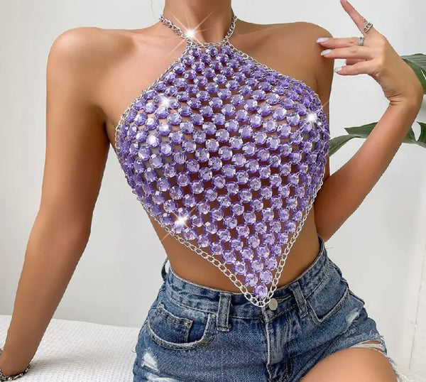 Women Sexy Fashion Purple Crystal Chain Halter Crop Top