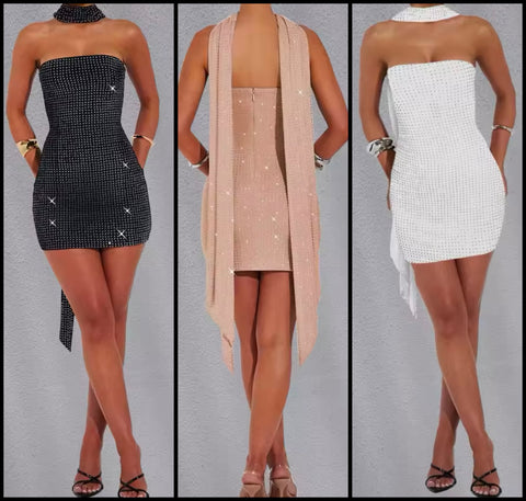 Women Sexy Strapless Bling Scarf Dress