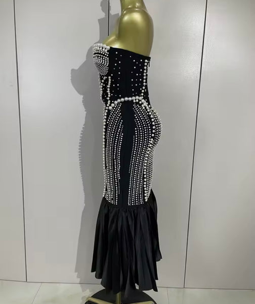 Women Sexy Strapless Rhinestone Pearl Mermaid Maxi Dress
