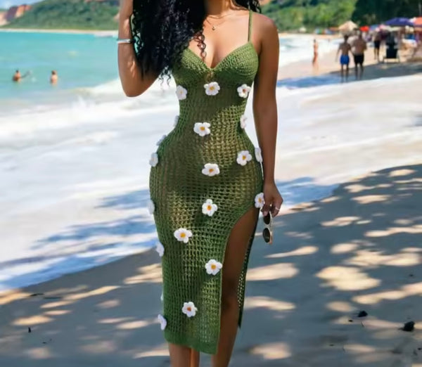Women Sexy Halter Sleeveless Floral Knitted Maxi Dress