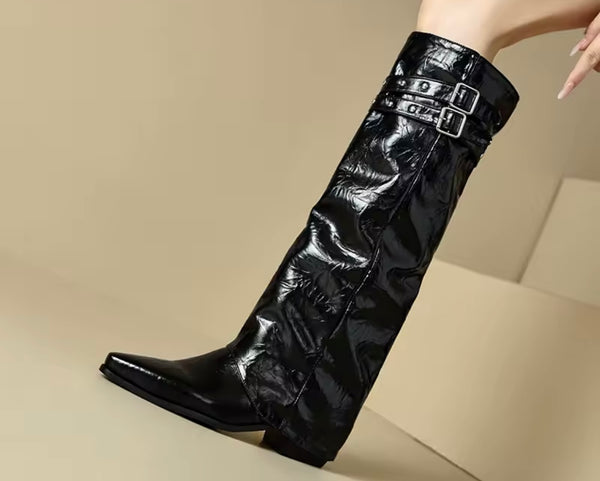 Women Fashion Patent Leather Buckled Detachable Knee High Boots
