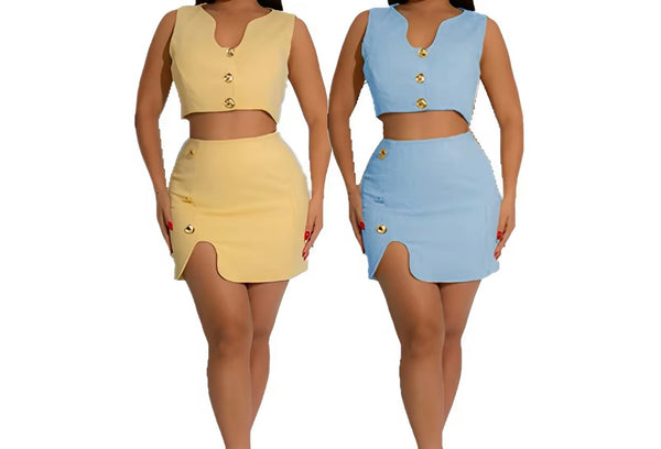 Women Button Up Sleeveless Crop Sexy Two Piece Skirt Set