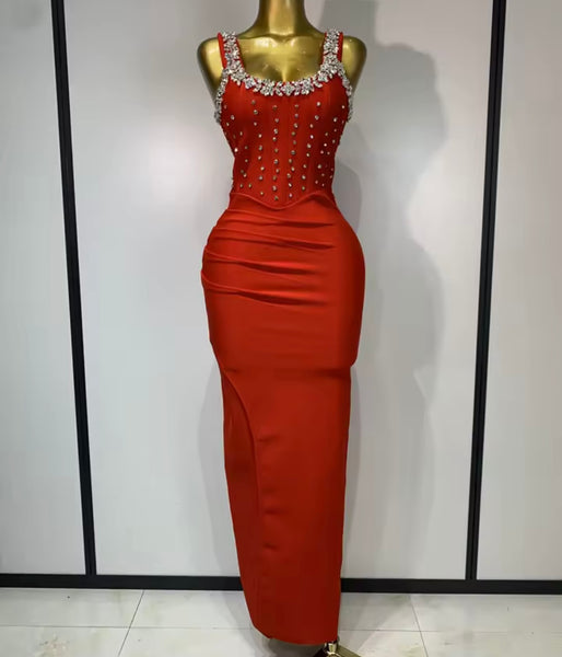 Women Red Rhinestone Sexy Sleeveless Maxi Dress