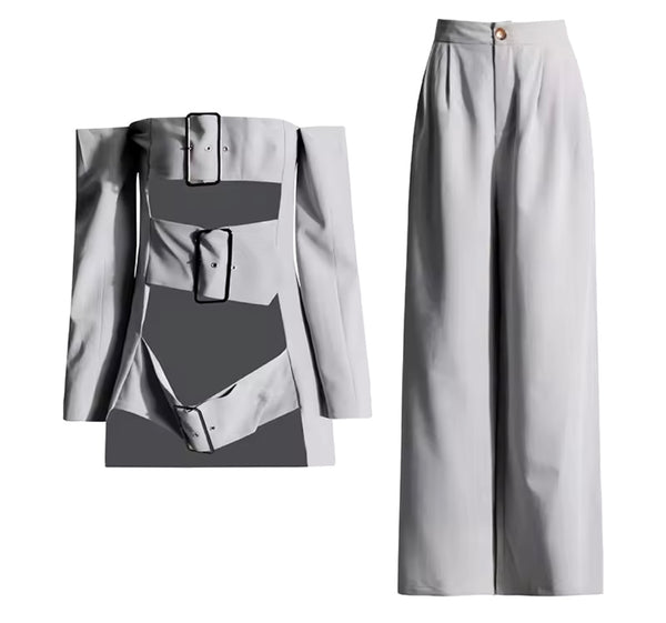 Women Gray Pinstriped Off The Shoulder Buckled Two Piece Pant Set