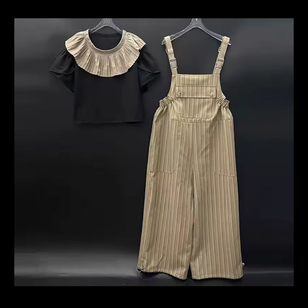 Women Ruffle Collar Short Sleeve Two Piece Overalls Pant Set