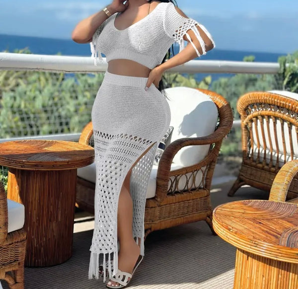 Women Sexy Short Sleeve Knitted Solid Color Two Piece Maxi Skirt Set