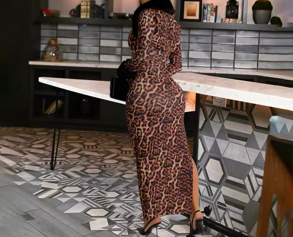 Women Sexy Leopard Faux Fur Full Sleeve Two Piece Maxi Dress