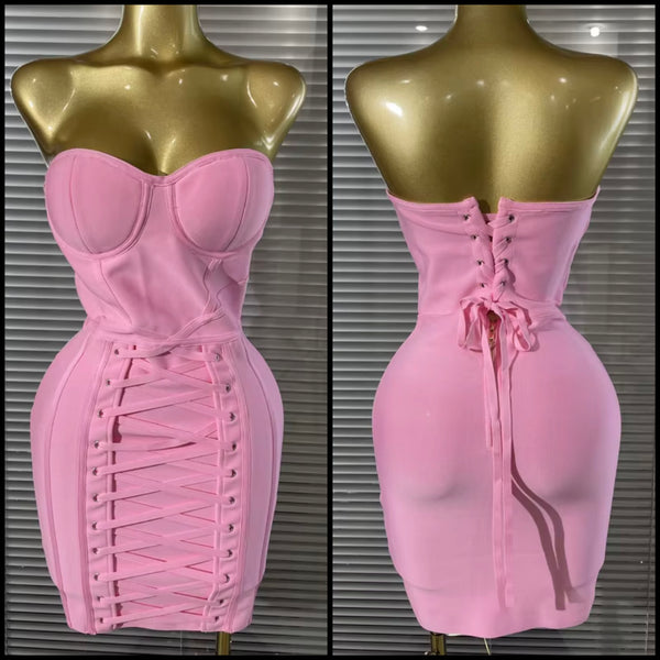 Women Pink Sexy Sleeveless Tie Up Corset Bandage Dress