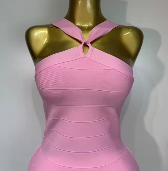 Women Sexy Pink Halter Sleeveless Bandage Dress