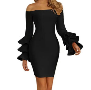 Women Sexy Off The Shoulder Ruffled Full Sleeve Dress