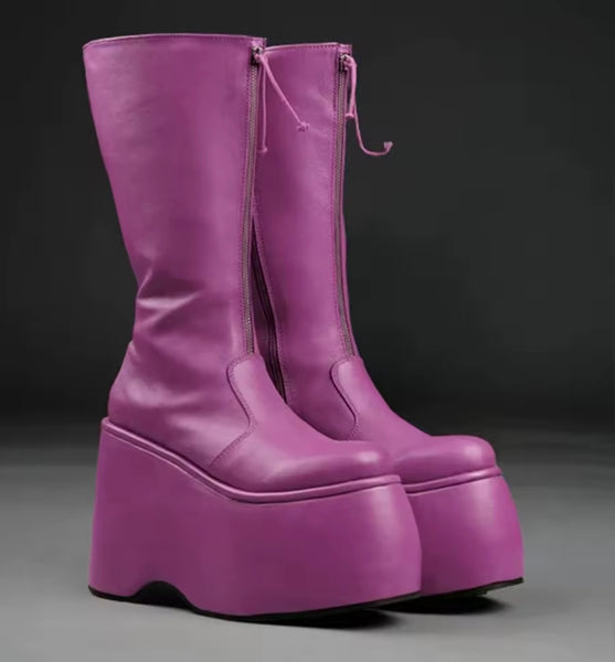 Women Color Fashion Front Zipper Platform Faux Leather Boots