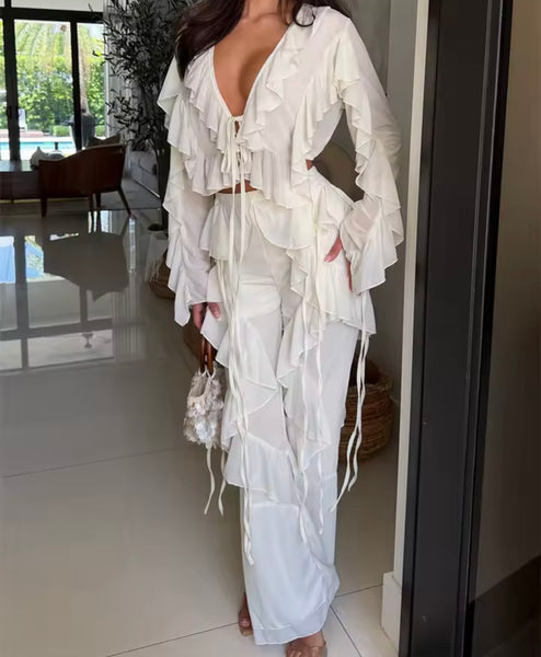 Women Ruffled Tie Up Full Sleeve Fashion Two Piece Pant Set