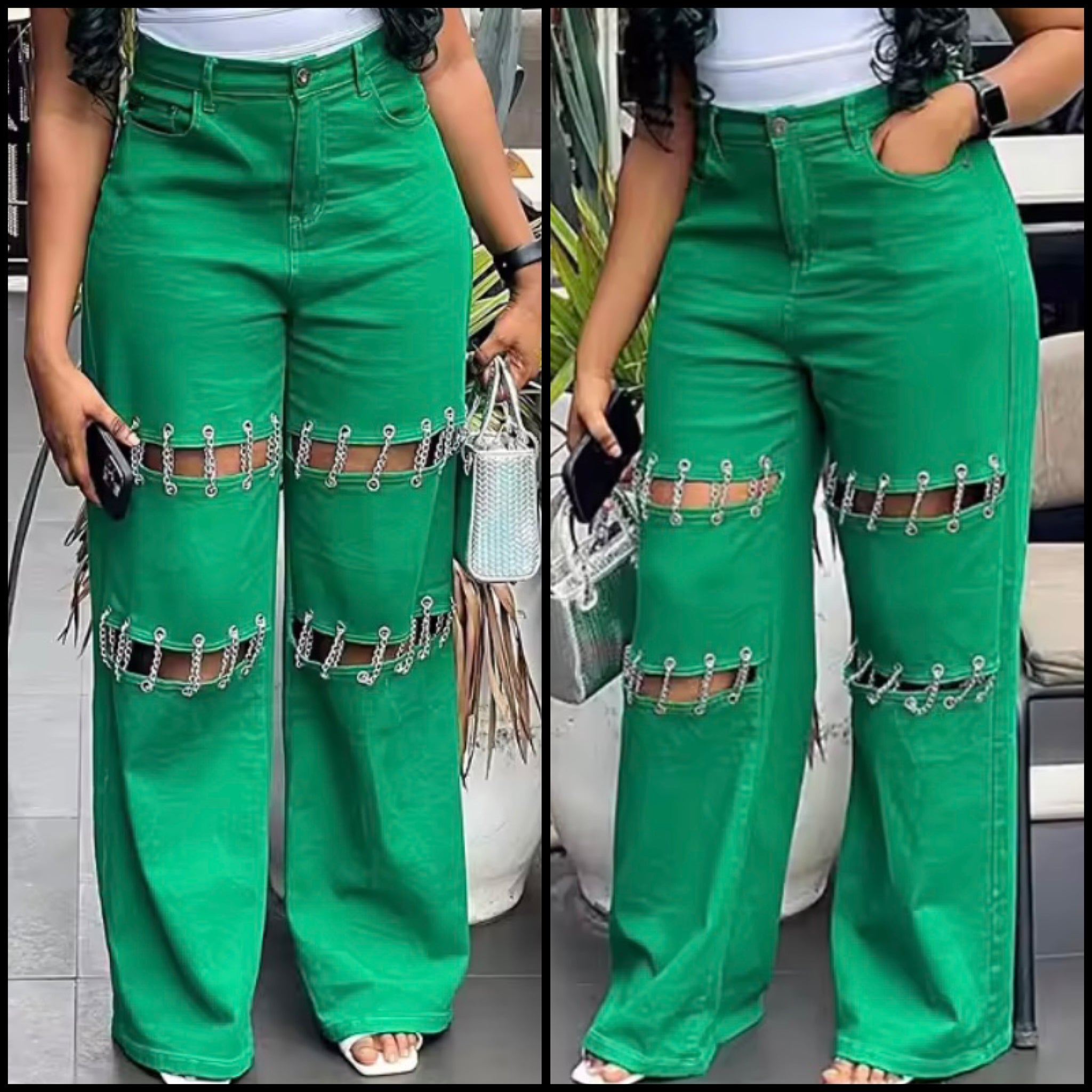 Women Green Cut Out Chain Fashion Denim Pants