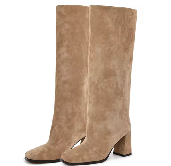 Women Fashion Color Square Toe Suede Knee High Boots