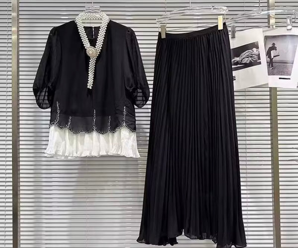 Women Short Sleeve Pearl Belted Two Piece Pleated Maxi Skirt Set