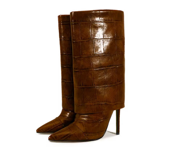 Women Pointed Toe Faux Leather Fashion High Heel Boots