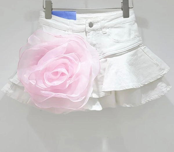 Women Fashion Color Floral Ruffled Denim Skirt