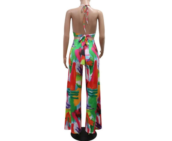 Women Sexy Halter Sleeveless Multicolored Print Two Piece Pant Set