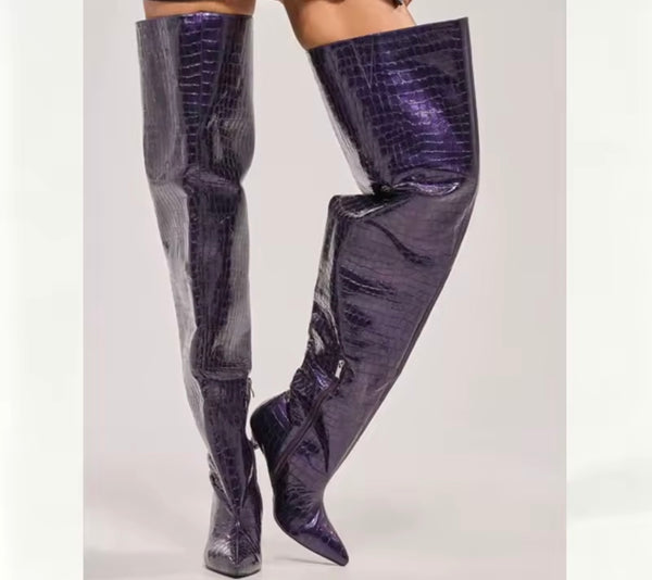 Women Fashion Purple Faux Leather Over The Knee High Heel Boots