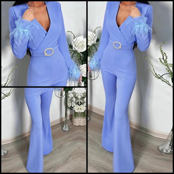 Women Sexy Fashion Feather Full Sleeve Belted Jumpsuit